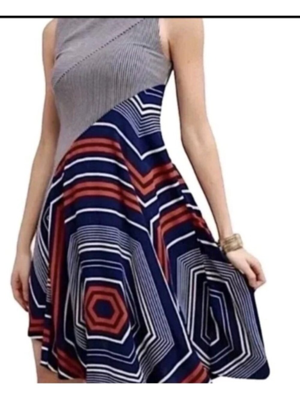 Maeve Anthropologie Geometric Print Fit Flare Dress XS Navy Orange Sleeveless
